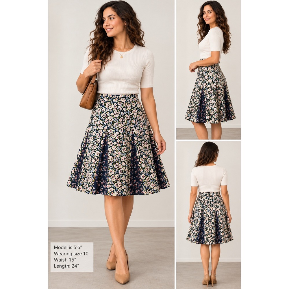 Christopher & Banks Floral A-Line Midi Skirt Navy Blue Ditsy Print Modest 10